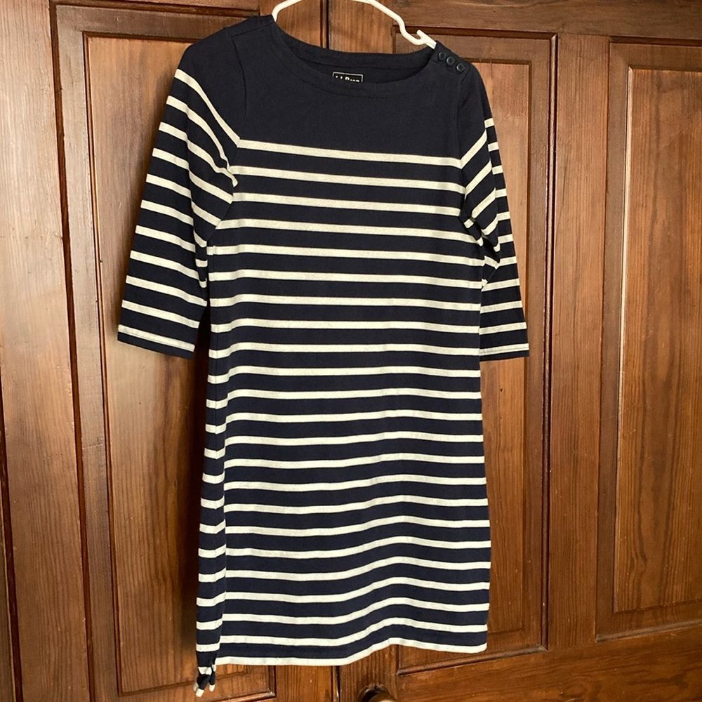 L.l. bean Breton Navy Blue White Stripe Buttons 100% Cotton 3/4 Sleeve Dress SP